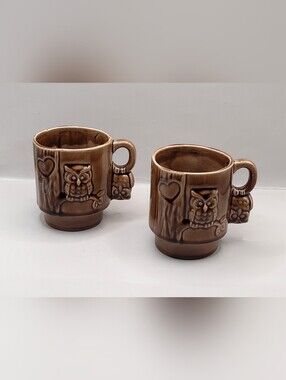 Vintage Owl Ceramic Stacking Mugs Set of 2 Tree Trunk We All Have Our Ups & Down